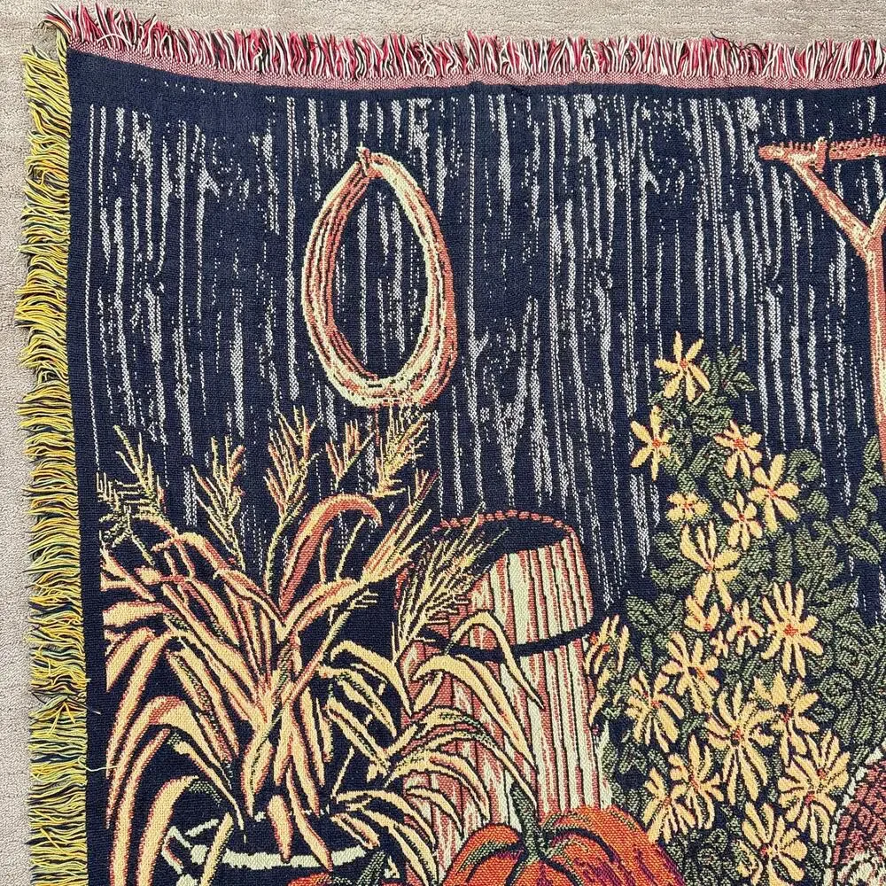 Vintage Fall Harvest Woven Tapestry Throw Blanket Fringed Pumpkins 48